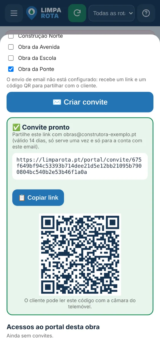 Convite para o Portal LimpaRota (dados fictícios)