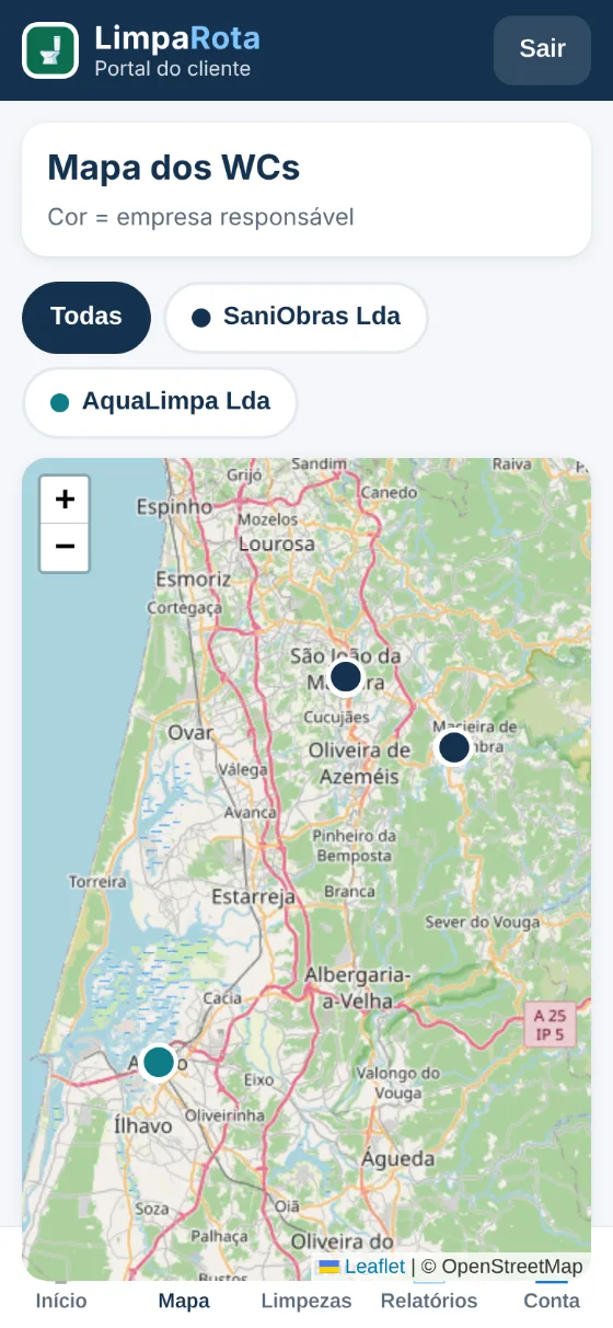 Mapa com os WCs de várias empresas (dados fictícios)